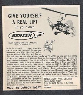 1968 Bensen Aircraft Corp Raleigh NC Gyrocopter Vintage Print Ad