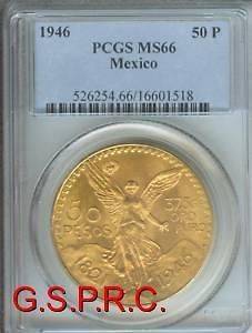 1946 MEXICO 50 PESOS 1.2 Oz. GOLD COIN PCGS MS66 MS 66
