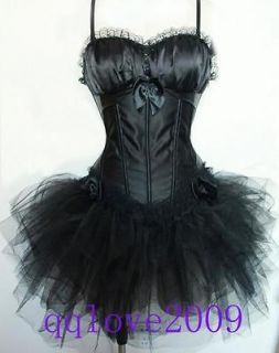 3pc new boned black corset with shoulder strap g string+tutu SIZE S M 