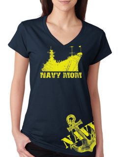 Womens Navy Mom Naval Ship with Anchor Junior Fit V Neck T Shirt 