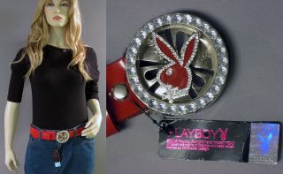 NWT Playboy Cherry Red Sparkly Rhinestone Spinning Bunny Logo Belt S