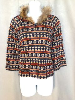 Fur Trim Aztec Ikat Hooded Poncho Cropped Topper 3/4 Sleeve Soft Knit 