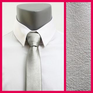   Casual Skinny Slim Narrow Silver Solid Faux Leather Neckties 2.15
