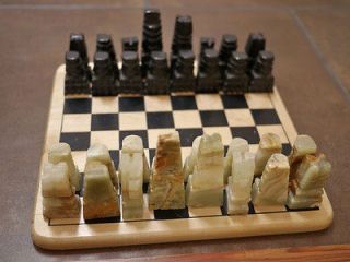   Handcarved Mexican Aztec Mayan White Marble & Onyx Stone Chess Set