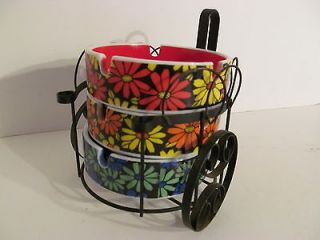Vintage Flower Ashtrays with Metal Cart Holder Japan