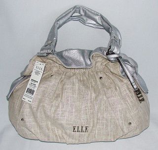 ELLE Bone Shimmer / Silver Hobo Handbag Purse Shopping Tote Stylish 