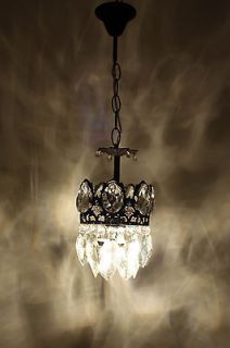 Antique French Basket Style Brass & Crystals Mini Chandelier 
