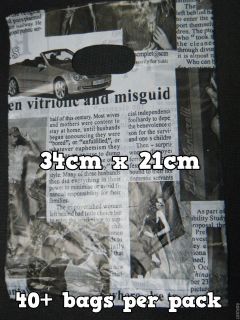 UNIQUE FASHION NEWSPAPER PRINT CARRIER BAGS 40+ PER PACK 34cmx21cm 