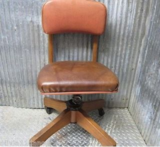 Mid century modern 50s office teak wood upholstery desk chair swivel 