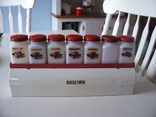 Vintage Metal White & Red Wax Paper Dispenser & Milk Glass Shakers 