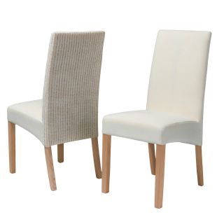   of 2 Luxury White and Beige Rattan and Linen Upholstered Dining Chairs