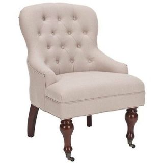  ELEGANT VINTAGE STYLE HARDWOOD BEIGE CURVED ARM CHAIR~BUTTON TUFTED