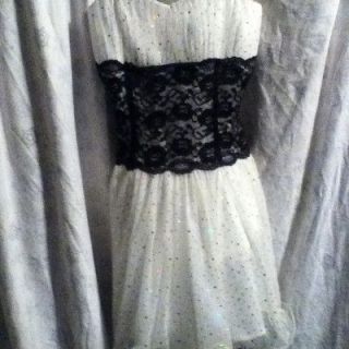 White Dress With Black Lace Center And Mother Of Pearl Dots prom wedd 