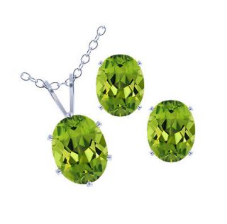 60 Ct Green Peridot .925 Silver Pendant Earrings Set with 18 Silver 
