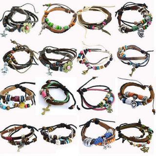 Wholesale 16pcs Fashion Pendants Wooden Beads Hemp Leather Surf Cord 