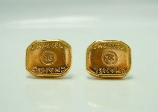 CHANEL Gold Pierced Earrings 99A EXLNT cond Rectangle Stud CC Coco 