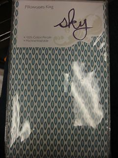 SKY PILLOWCASES KING BATIK $60 COTTON PERCALE TEAL WHITE NEW NIP 