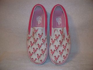 VANS SLIP ON SHOES LIKE NEW WHITE WITH PINK FLAMINGOS, W6.5/M5