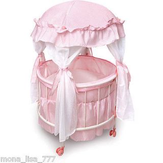   ROUND DOMED CANOPY BABY DOLL CRIB W/ PINK BEDDING & DRAPES GIRLS TOY