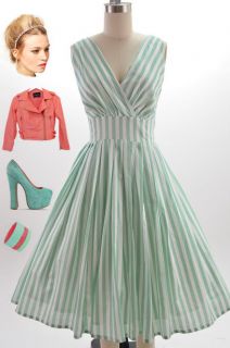   MINT STRIPED Bombshell PINUP Surplice Rockabilly Dress with FULL Skirt
