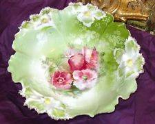 RS Prussia Poppy Floral Center & Lime Green Lrg Bowl Blown Mold Poppy 