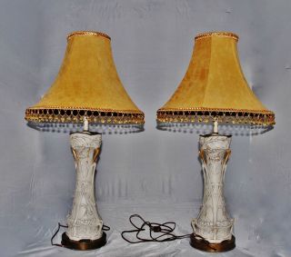   GILDED GOLD PORCELAIN ART NOUVEAU ANTIQUE TABLE LAMPS, CUSTOM SHADES
