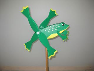   green Frog whirligig with mounting post / handmade / carved wood