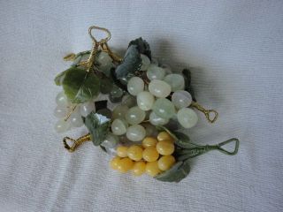   COLORED [ 6] grapes cluster Jade leaf CHINA carved stone Old UNIQUE
