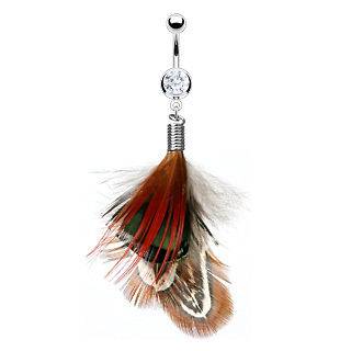 Clear CZ Multi Color Red Brown Feather Navel Belly Ring