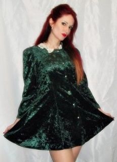 Vintage 90s crush velvet minidress babydoll green velvet dress holiday