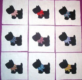 Black Fabric Applique Quilt Top Craft Blocks Scottie Dog Calico Bow