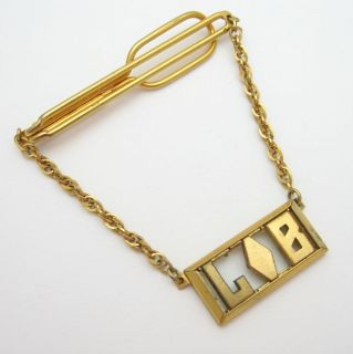 SWANK TIE CLASP with Initials LB MENS Vintage Goldtone CHAIN with 