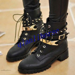 Womens Spike Studded Punk Chunky Heels Buckle Strap Goth Military 