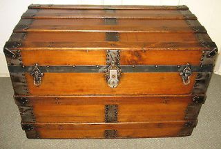   STEAMER TRUNK VINTAGE WOODEN FLAT TOP VICTORIAN CHEST C1890 TRAY&KEY