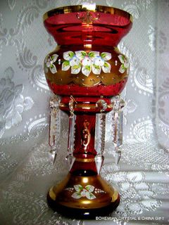   SLAVIA HIGH ENAMEL RUBY RED CRYSTAL GLASS MANTLE LUSTRE VASE NIB