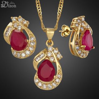   Jewelry set pear red ruby 18k yellow gold plated necklace earrings