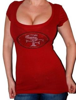 RED SAN FRANCISCO RHINESTONE 49ERS BLACK STRETCHY FITTED TOP T SHIRT 