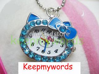 Hello Kitty Blue Crystal Stone Necklace Pendant Pocket Watch & Free 