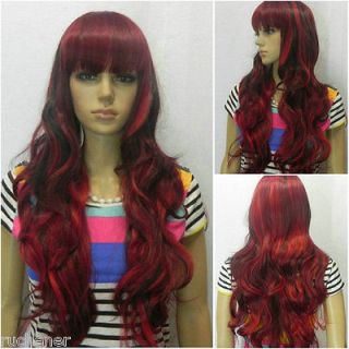 Excellent Red + Black Multi Color Long Wavy Cosplay women Wig + wigs 