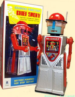 Mr. Chief Smoky Robot Tin Toy Battery Operated SILVER