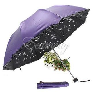 Purple Lady Lace Princess Vinyl Star Anti UV Parasol Sun/Rain Folding 