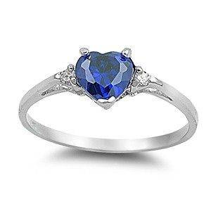 Sterling Silver Blue Sapphire CZ Heart Ring Love Rhodium Finish Band 