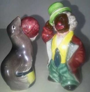 Vintage Circus Salt & Pepper Shakers *Clown & Seal with Ball *Japan