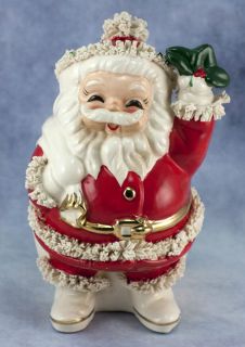 Vintage Ceramic Pottery Christmas Spaghetti Santa Claus Bank w/ Holly 