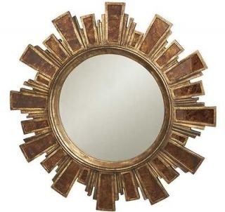 Contemporary Round Sunburst Mirror, Modern Antique Gold Polystone Wall 