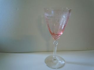   Pink June Bow Etched Depression Glass Goblet/Water Crystal Stemware