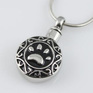 Paw Print Black Silver Stainless Steel Cremation Urn Pendant Necklace