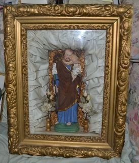 Antique Catholic Framed Saint Joseph Statue 1800s Victorian Frame