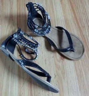 SODA Sandals 6 Gems/Beads/Stones Black Glitter Zipper Back/Heel Shoes