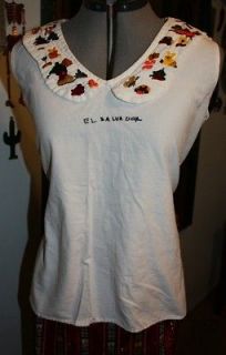 Sleeveless White Cotton Shirt from El Salvador with Collar Embroidery